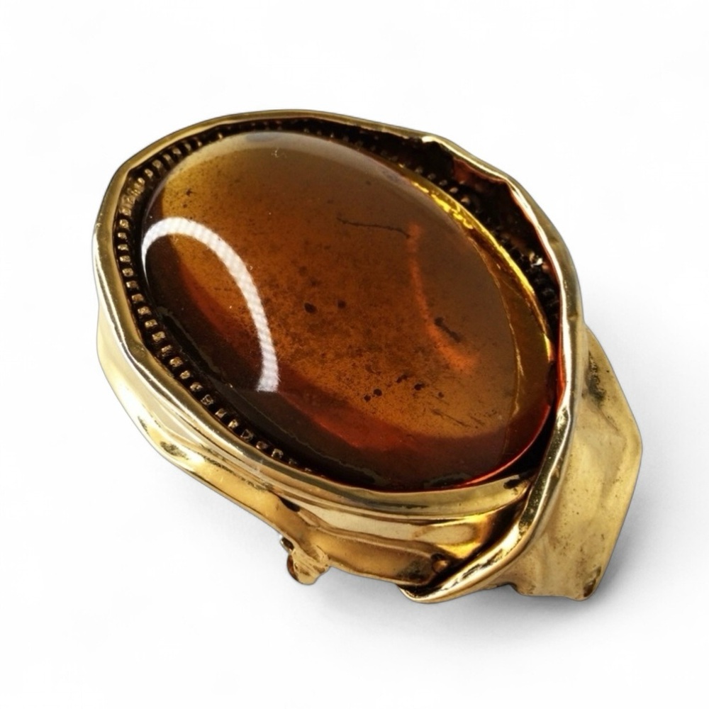 Mid‑Century Carnegie‑Style Brutalist Brooch & Clip Earrings Set w/ Amber Glass - Picture 5 of 15